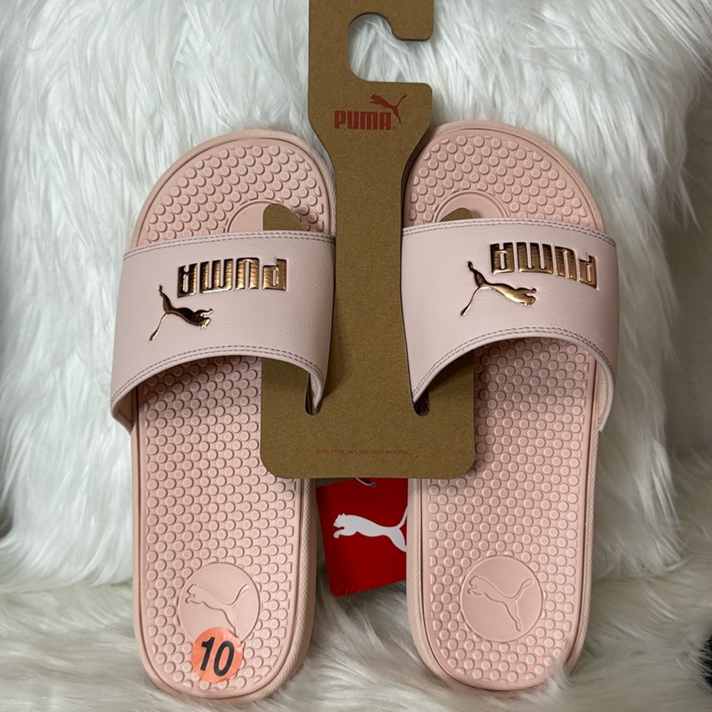 Puma Blush Pink Slides with Rose Gold Logo